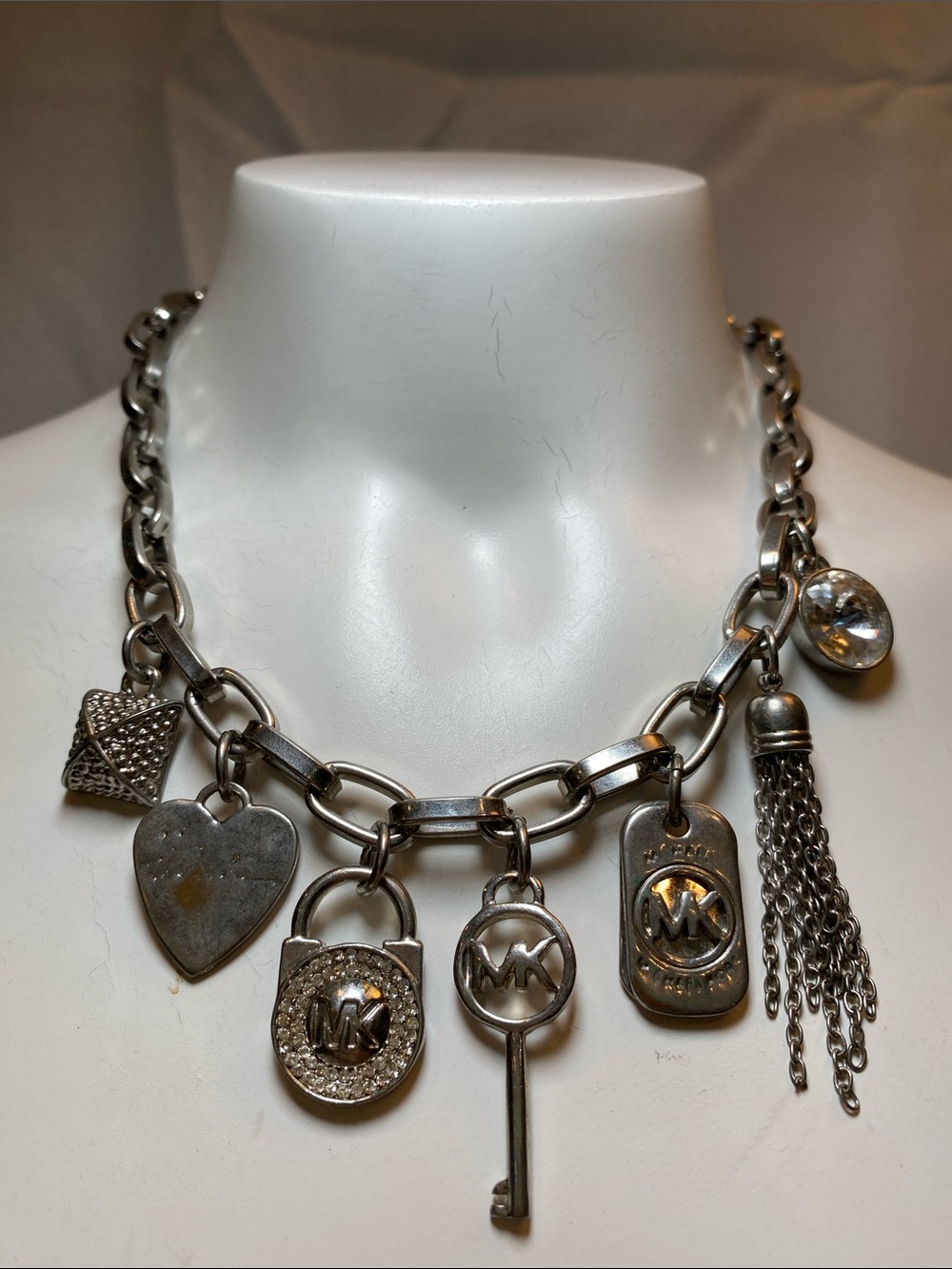 Michael Kors Silver Charm Link Necklace with Tassel and MK Charms Y2K Baddie